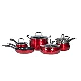 Epicurious Cookware - Dishwasher Safe Oven Safe Nonstick Aluminum Induction Electric Gas Pot Fry Pan Saute, 11 Piece Red Cookware Set