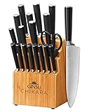 Ginsu Gourmet Chikara Series Forged 19-Piece Japanese Steel Knife Set – Cutlery Set with 420J Stainless Steel Kitchen Knives – Bamboo Finish Block, 07133DS